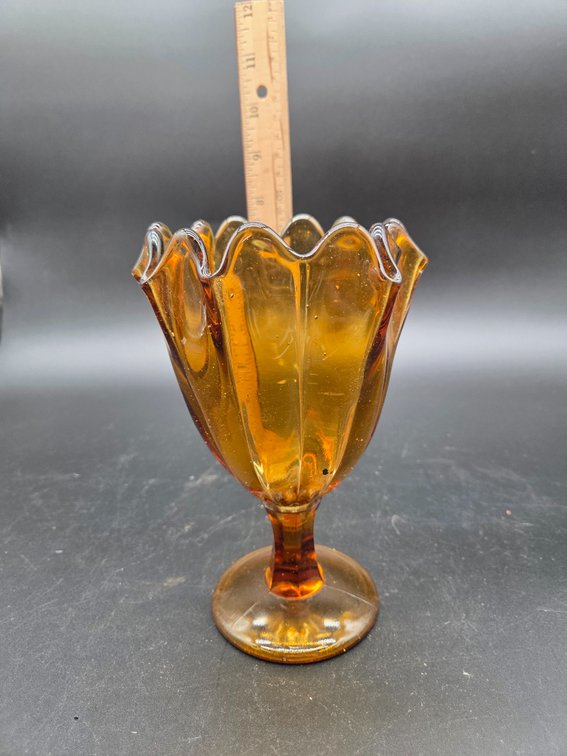 Amber Glass Footed Compote with Ruffled Rim