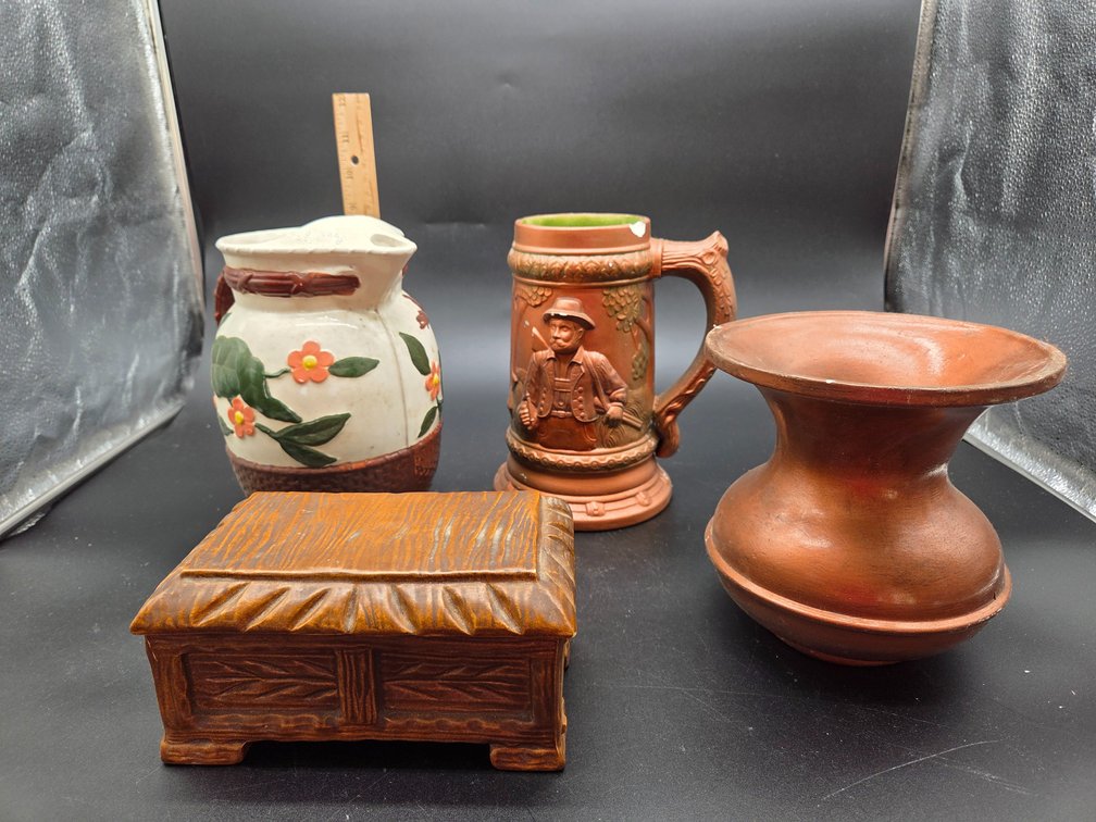 Ceramic Pitcher, Relief Beer Stein, Lidded Box, and Vase