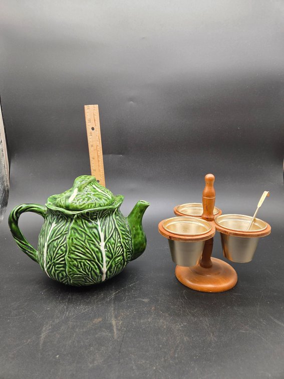 Ceramic Cabbage Teapot and Wooden Condiment Caddy Set
