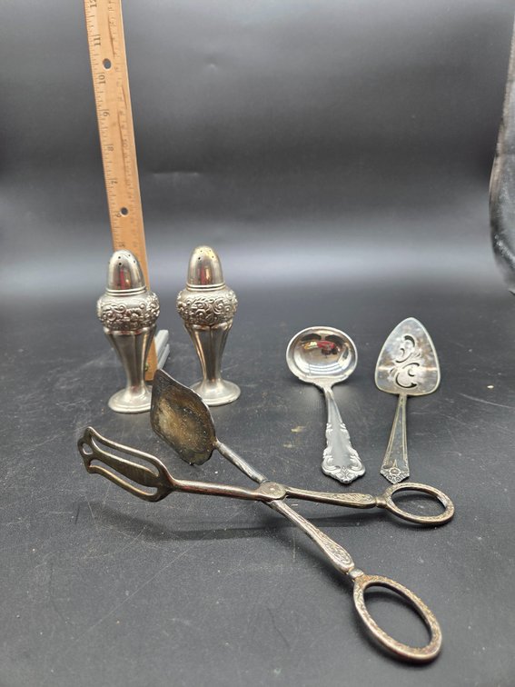 Silver-Tone Serving Utensils and Salt and Pepper Shakers