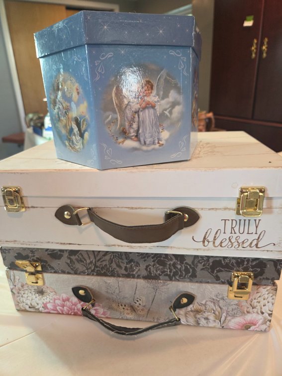 Decorative Storage Boxes, Angel Collector Plate, and Ornaments