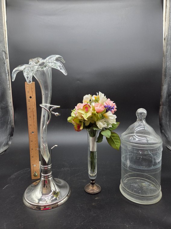 Glass Trumpet Epergne Vase, Bud Vase, and Lidded Jar