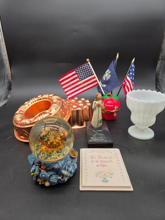 Snow Globe, Copper-Tone Molds, Milk Glass Dish, and More