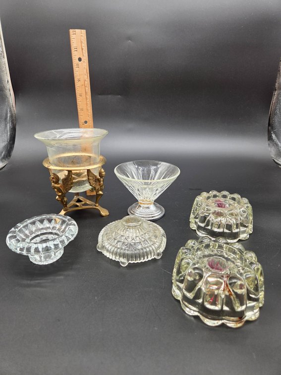 Pressed Glass Candleholders, Cherub Stand, and Dishes
