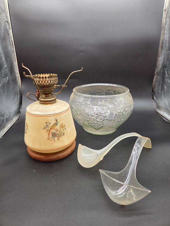 Electric Accent Lamp, Glass Punch Bowl, and Plastic Ladles