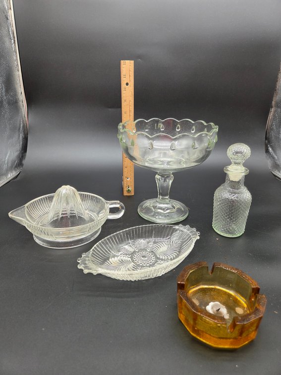 Glass Citrus Juicer, Compote, Oval Dish, and Ashtray