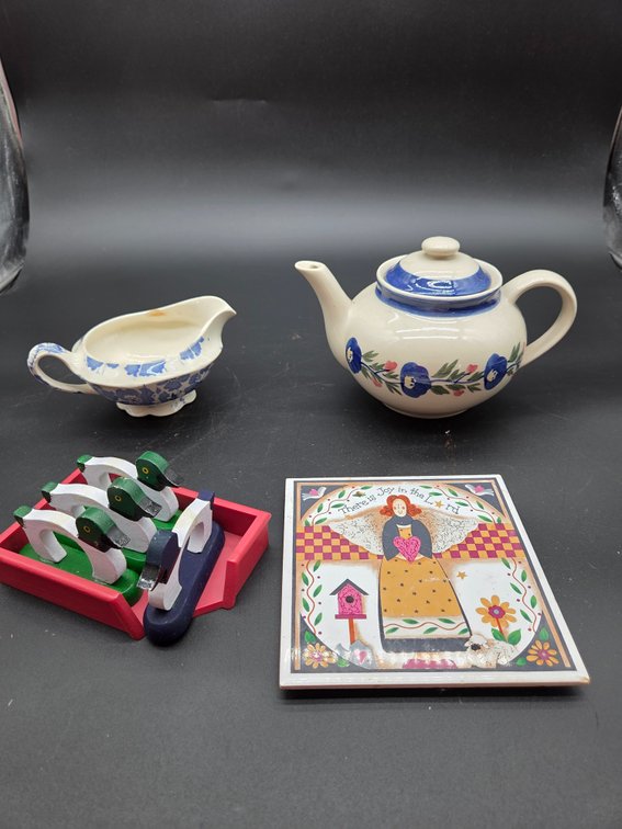 Ceramic Teapot, Creamer, Duck Napkin Rings, and Tile Trivet