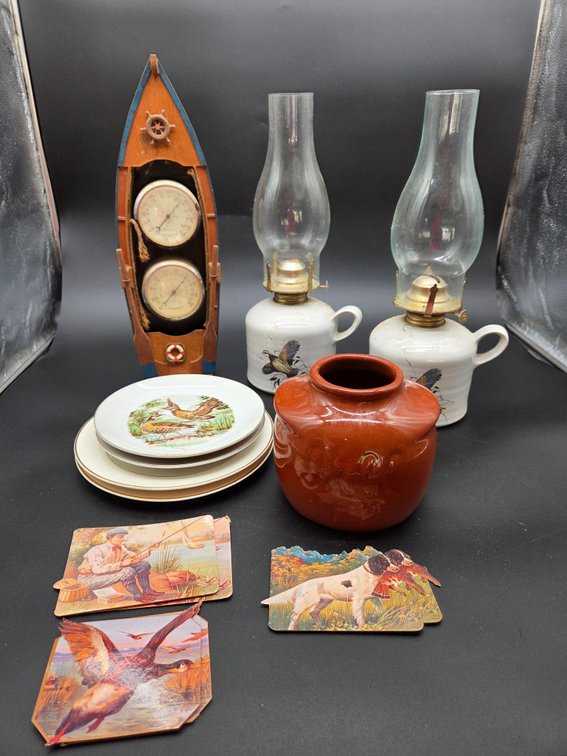 Wooden Boat Weather Station, Ceramic Plates, Oil Lamps, and More