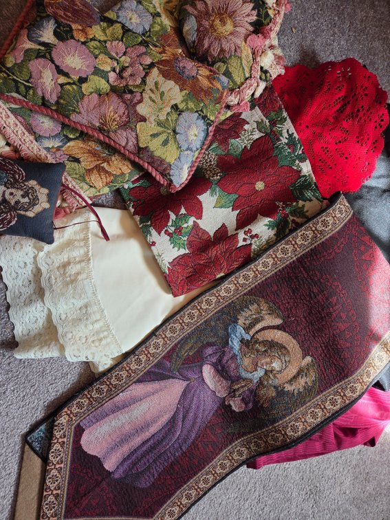 Tapestry Table Runner, Throw Pillows, and Linens