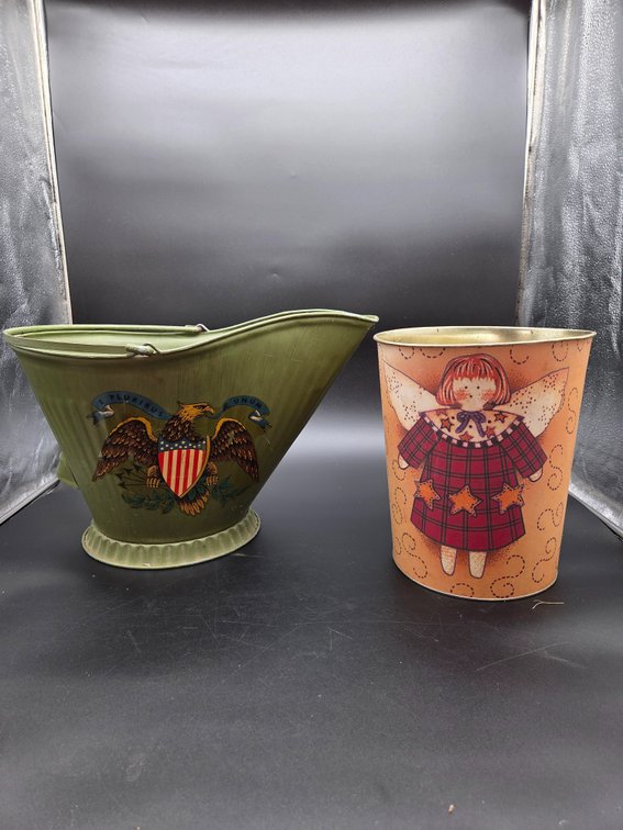 Painted Metal Coal Scuttle and Decorative Tin Container