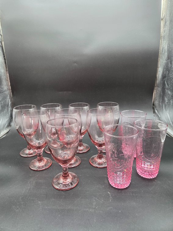 Pink Pressed Glass Stemmed Goblets and Tumblers