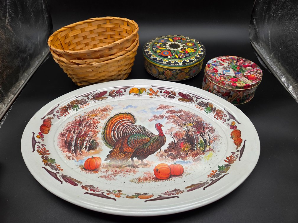 Thanksgiving Platter, Decorative Tins, and Baskets