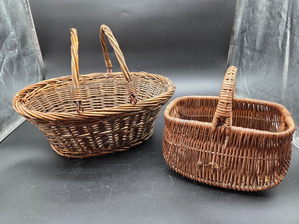 Two Woven Wicker Baskets with Handles