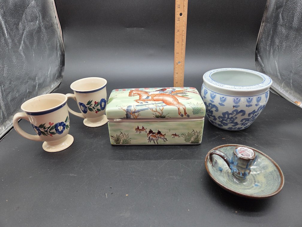 Ceramic Equestrian Box, Chamberstick, Mugs, and Bowl