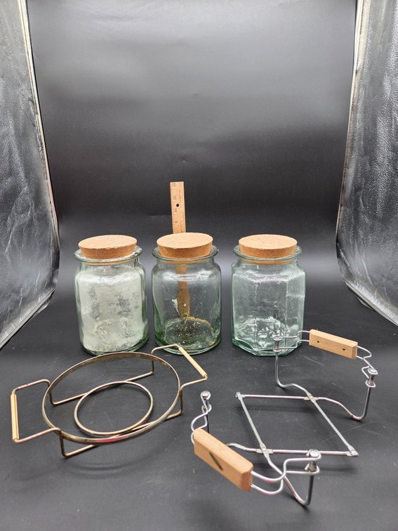 Glass Storage Jars with Cork Stoppers and Metal Dish Stands