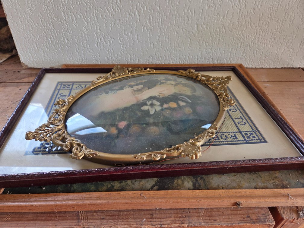 Framed Convex Glass Portrait, Cross-Stitch Sampler, and Dog Artwork