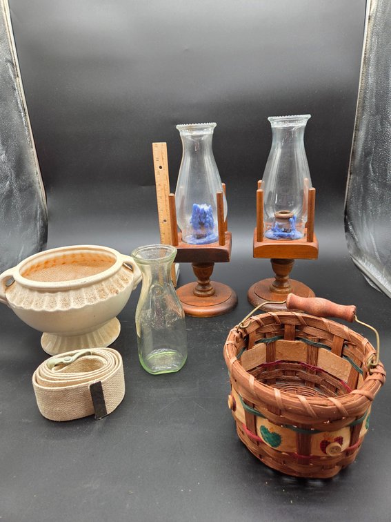 Wooden Hurricane Candle Holders, Ceramic Bowl, and More