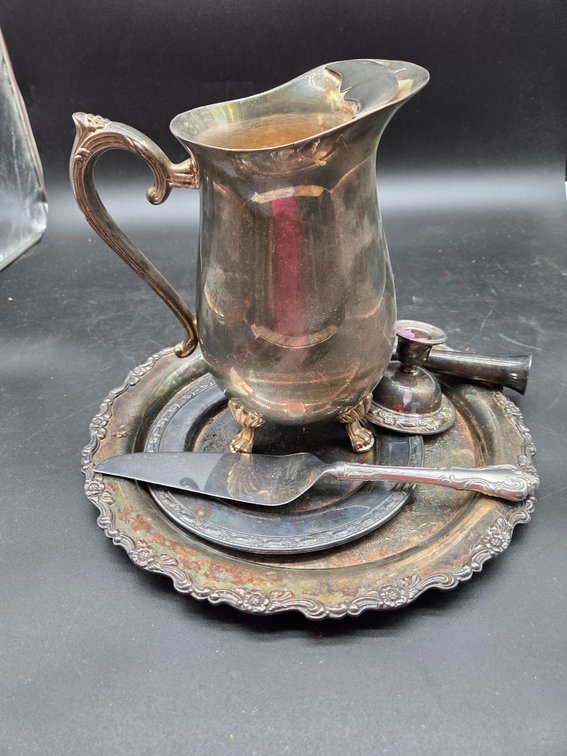 Silverplate Pitcher, Presentation Trays, and Tableware
