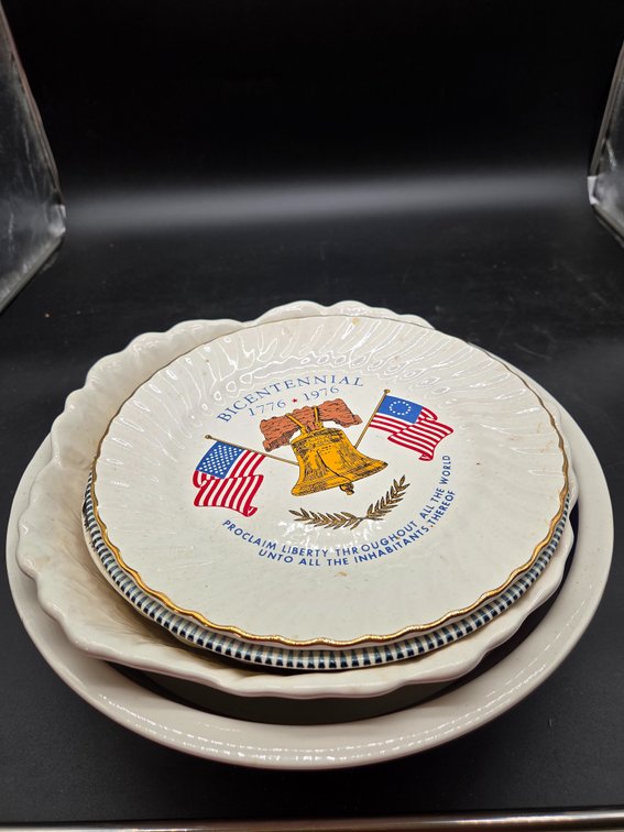 Bicentennial Plate, Blue Transferware Plate, and Bowls