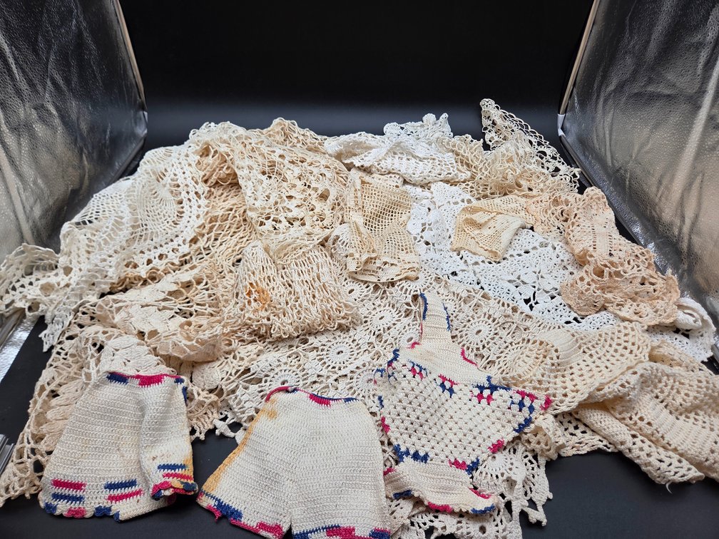 Crocheted Lace Linens, Doilies, and Doll Clothing