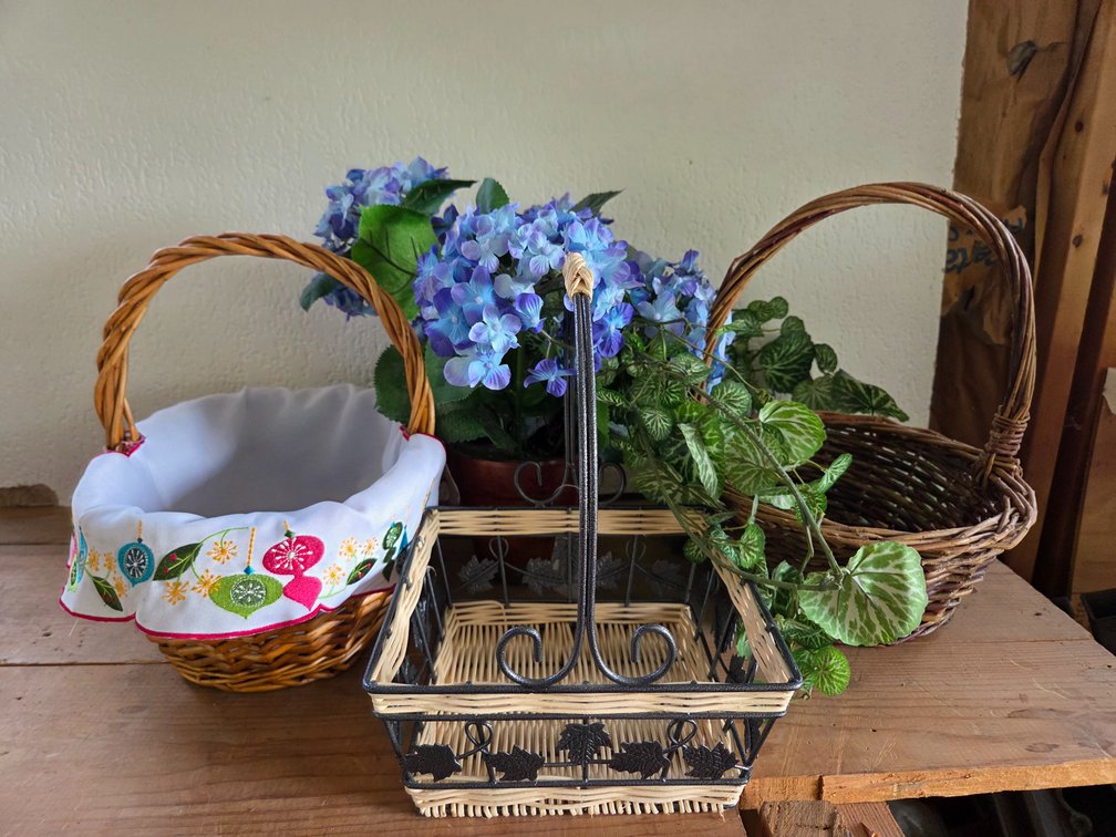 Woven Baskets, Fabric Lamp Shades, and Artificial Plant