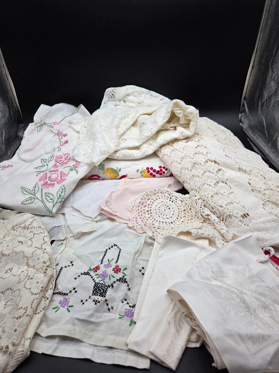 Embroidered Linens, Crochet Lace Doilies, and Handkerchiefs