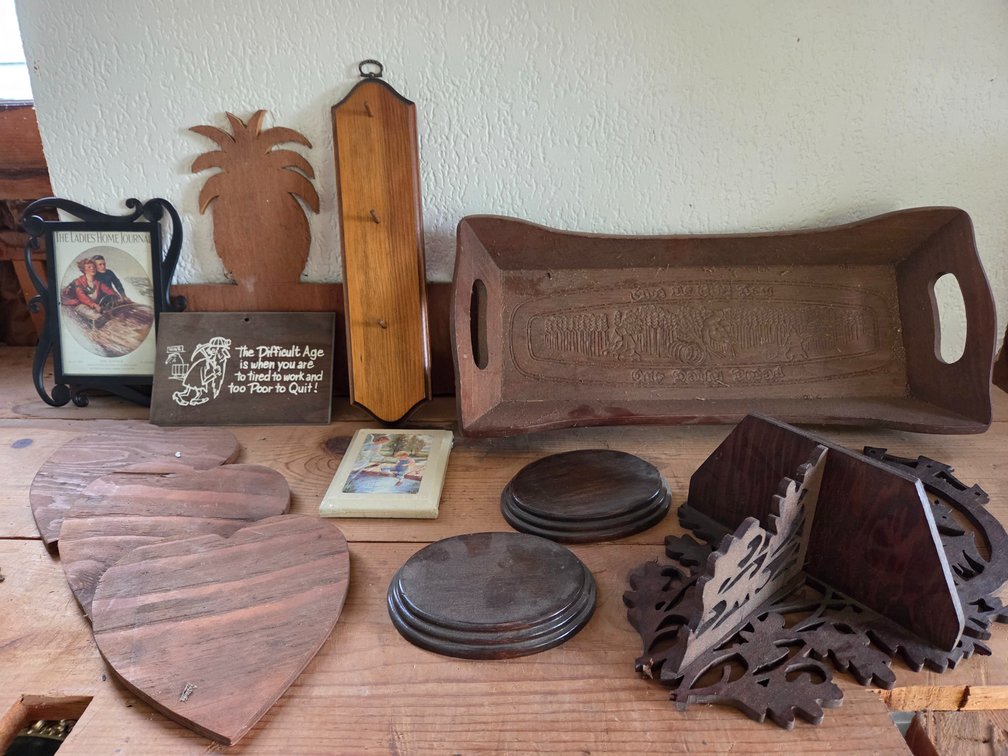 Carved Wooden Bread Tray, Fretwork Wall Shelf, and Wall Decor
