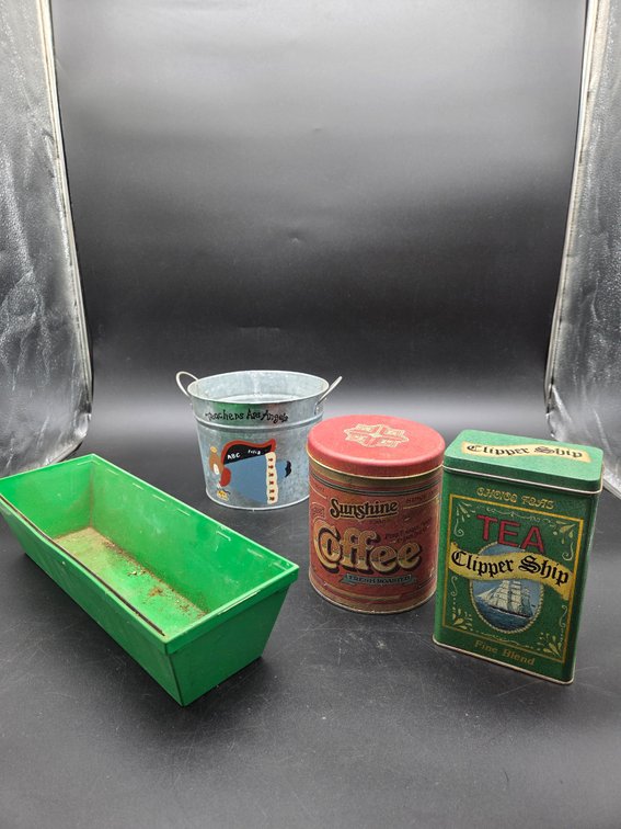 Decorative Metal Tins, Galvanized Bucket, and Mud Pan
