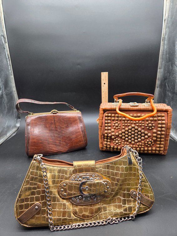 Wicker Box Purse, Reptile-Embossed Bag, and Metallic Shoulder Bag
