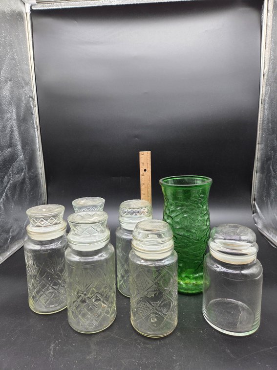 Glass Canister Jars and Emerald Green Pressed Glass Vase