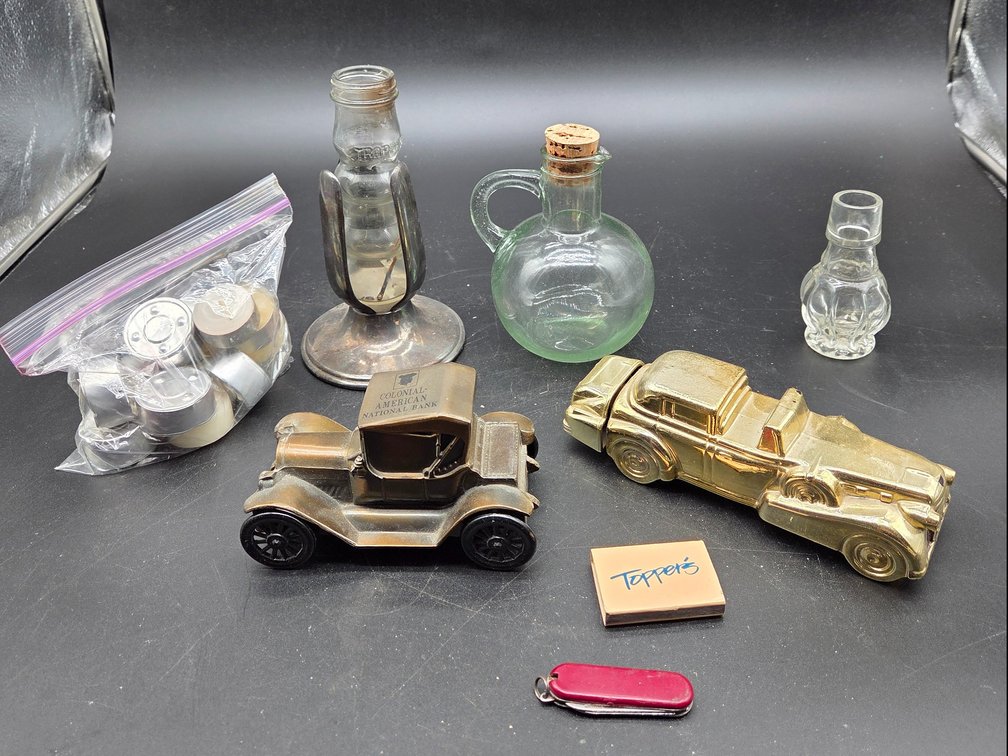 Cast Metal Model Cars, Miniature Glassware, and Pocket Knife