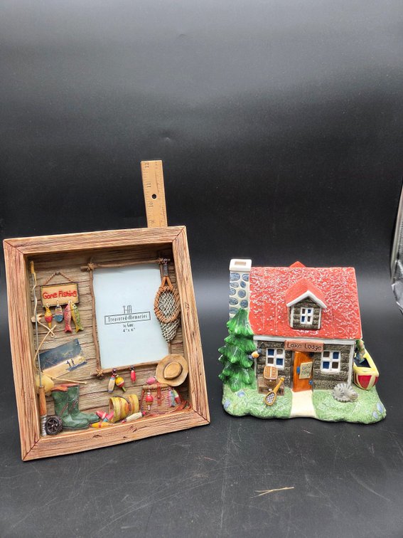 Fishing-Themed Shadowbox Photo Frame and Cabin Figurine