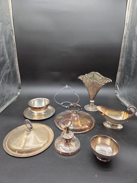 Silver-Tone Metal Lids, Gravy Boat, Vase, and Tableware