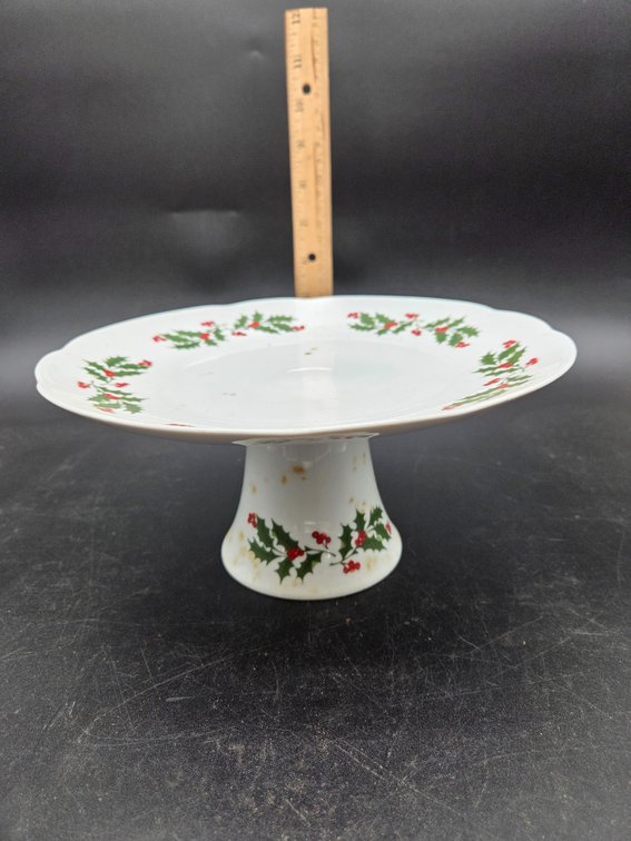 Ceramic Pedestal Cake Stand with Holly and Berry Pattern