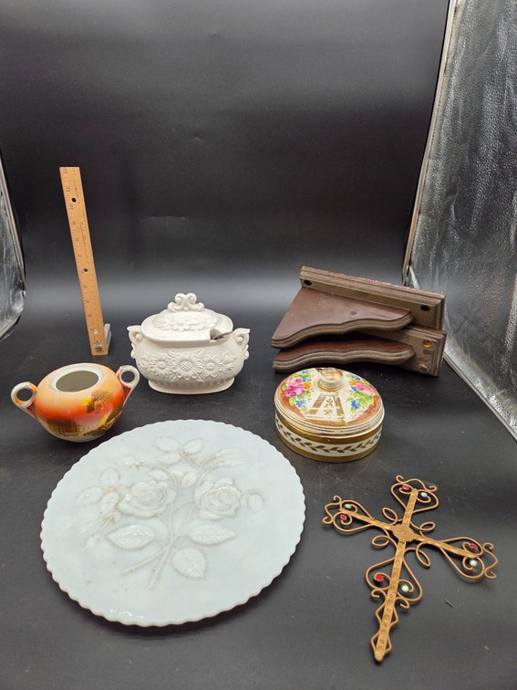 Milk Glass Plate, Ceramic Tureen, Wooden Shelf Brackets, and More