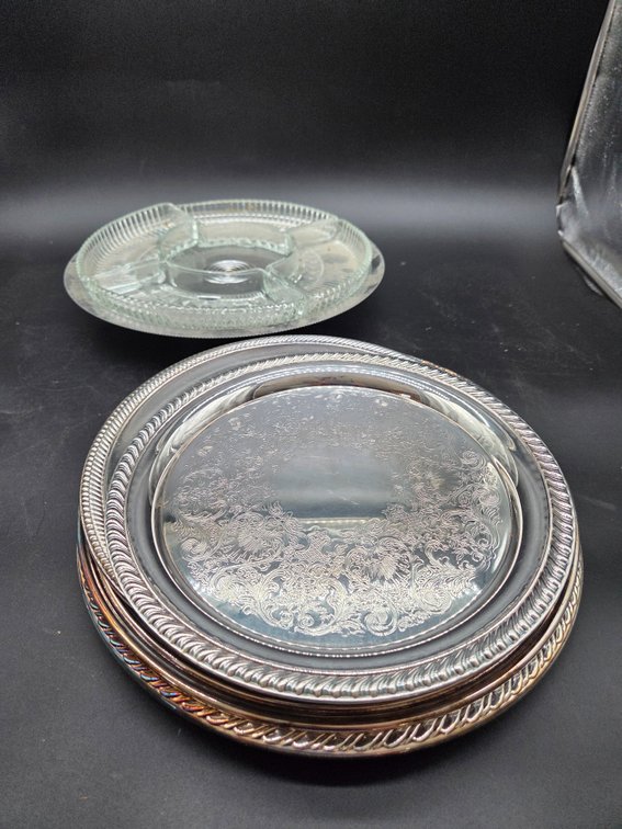 Silverplate Serving Trays and Lazy Susan Relish Dish
