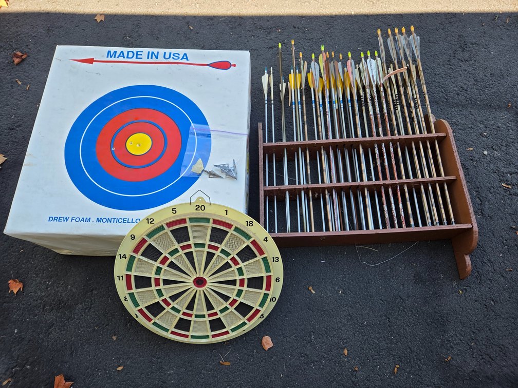 Archery Target, Arrow Rack with Arrows, and Dartboard