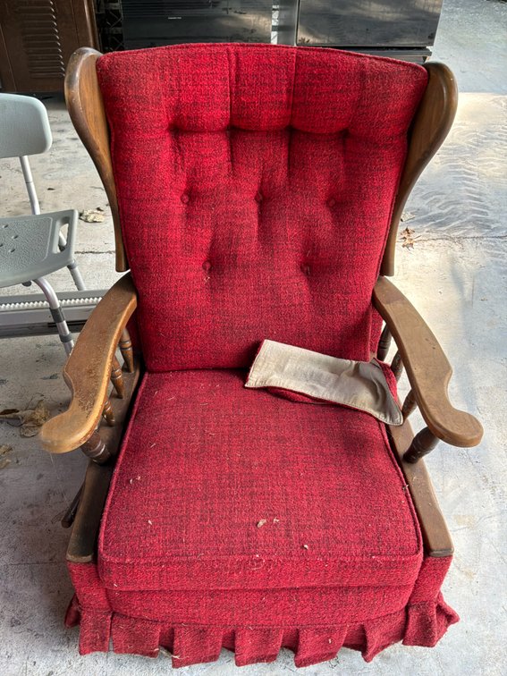 Red Upholstered Wingback Rocking Chair with Wooden Armrests
