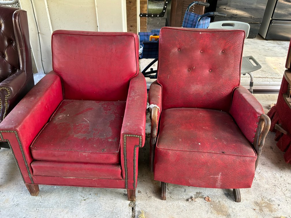 Two Red Vinyl Armchairs with Nailhead Trim
