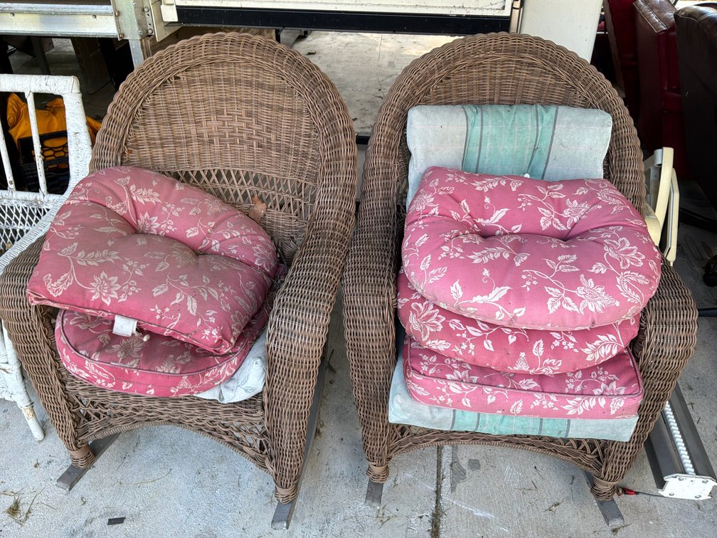Pair of Brown Wicker Patio Rocking Chairs with Cushions