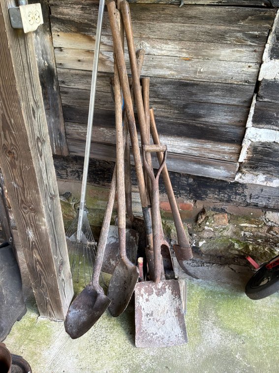 Shovels, Leaf Rake, Hatchet, and Masonry Hand Tools