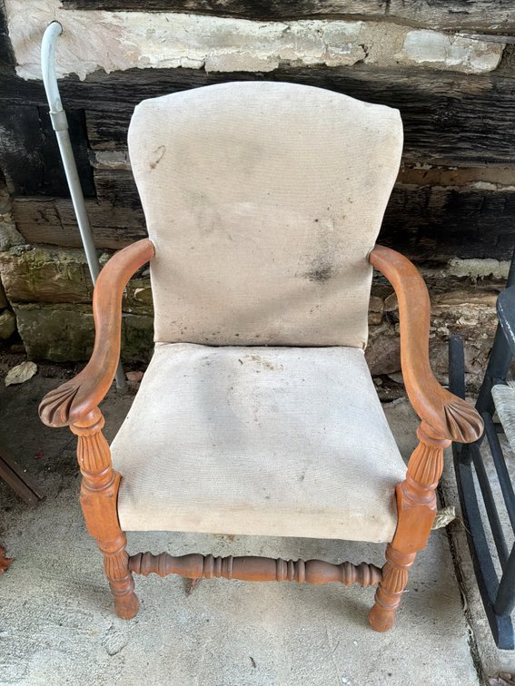 Upholstered Wood Armchair with Carved Shell Armrests