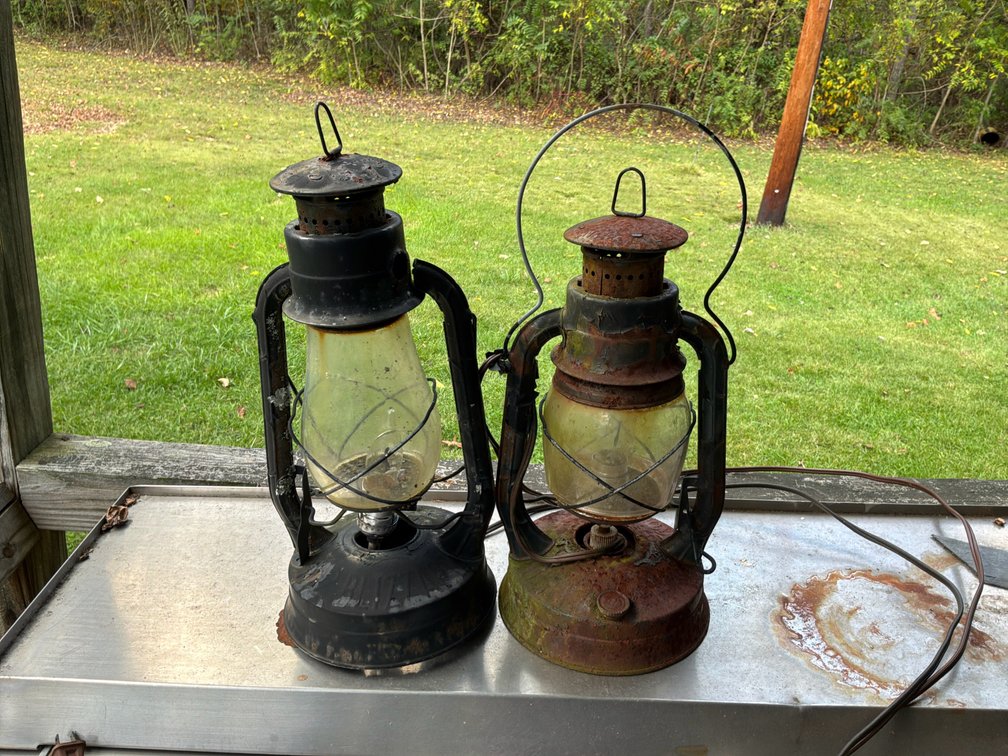 Two Electrified Metal Tubular Barn Lanterns