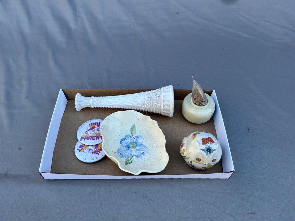 Decorative Ceramics, Milk Glass Bud Vase, and JMU Buttons