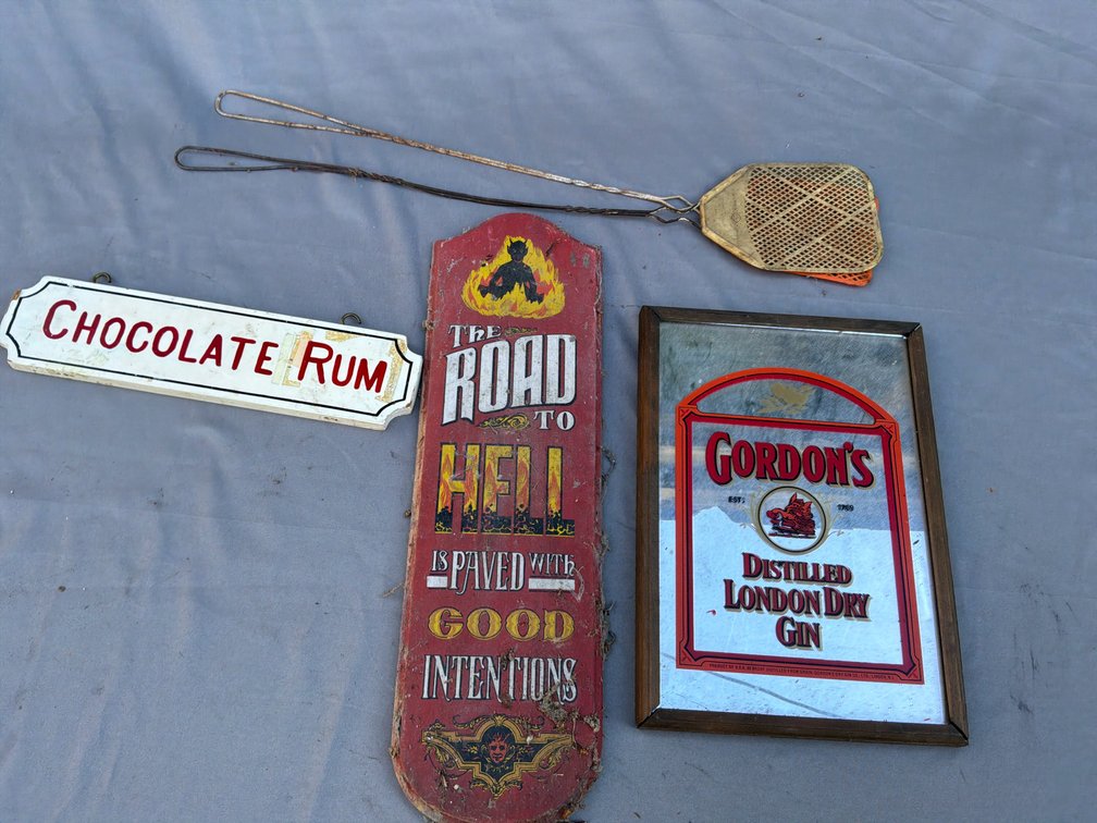 Advertising Mirror, Painted Wood Signs, and Fly Swatters