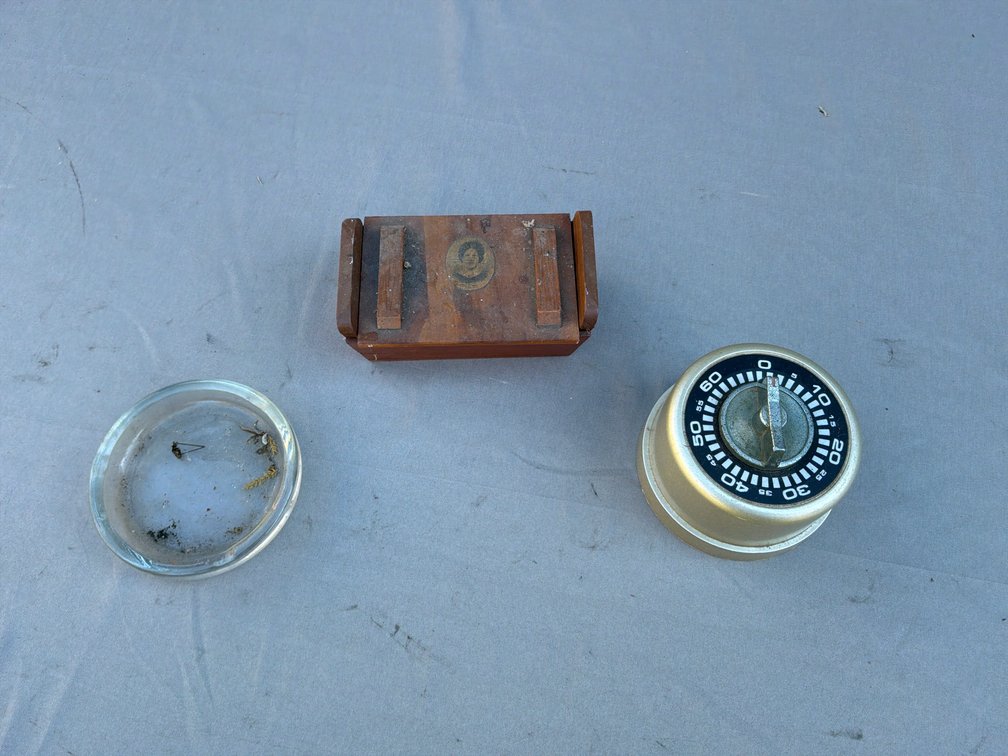 Mechanical Dial Timer, Miniature Wooden Dough Tray, and Glass Dish