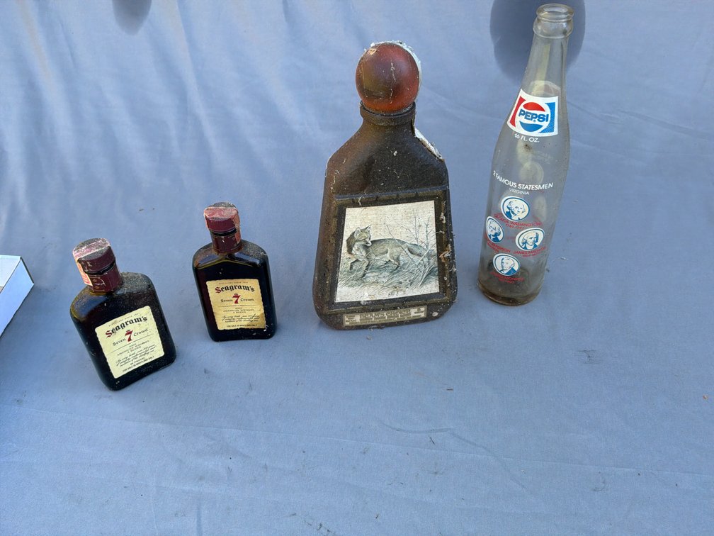 Whiskey Decanter, Miniature Bottles, and Soda Bottle