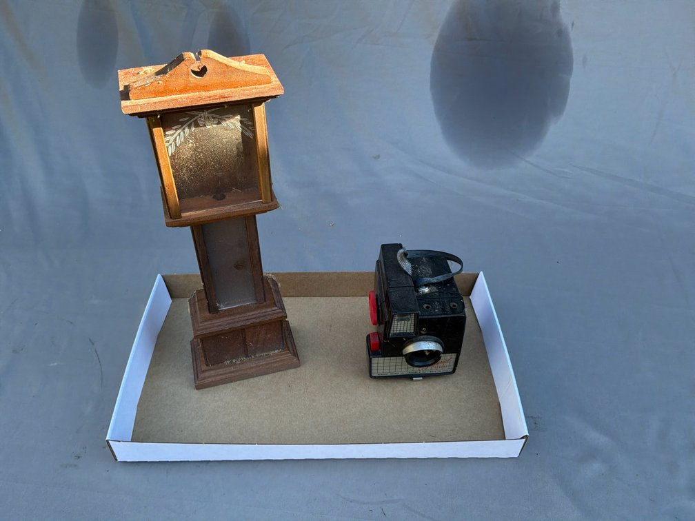 Box Camera and Miniature Wooden Grandfather Clock Case
