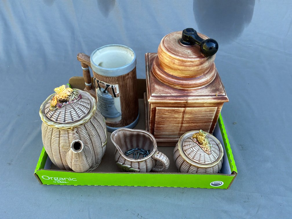 Ceramic Tea Set, Liberty Bell Stein, and Cookie Jar