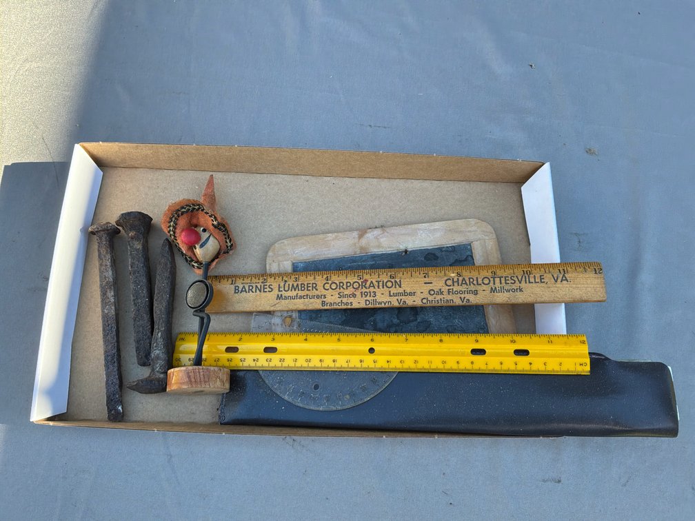 Railroad Spikes, Framed Slate Board, Ruler, and More